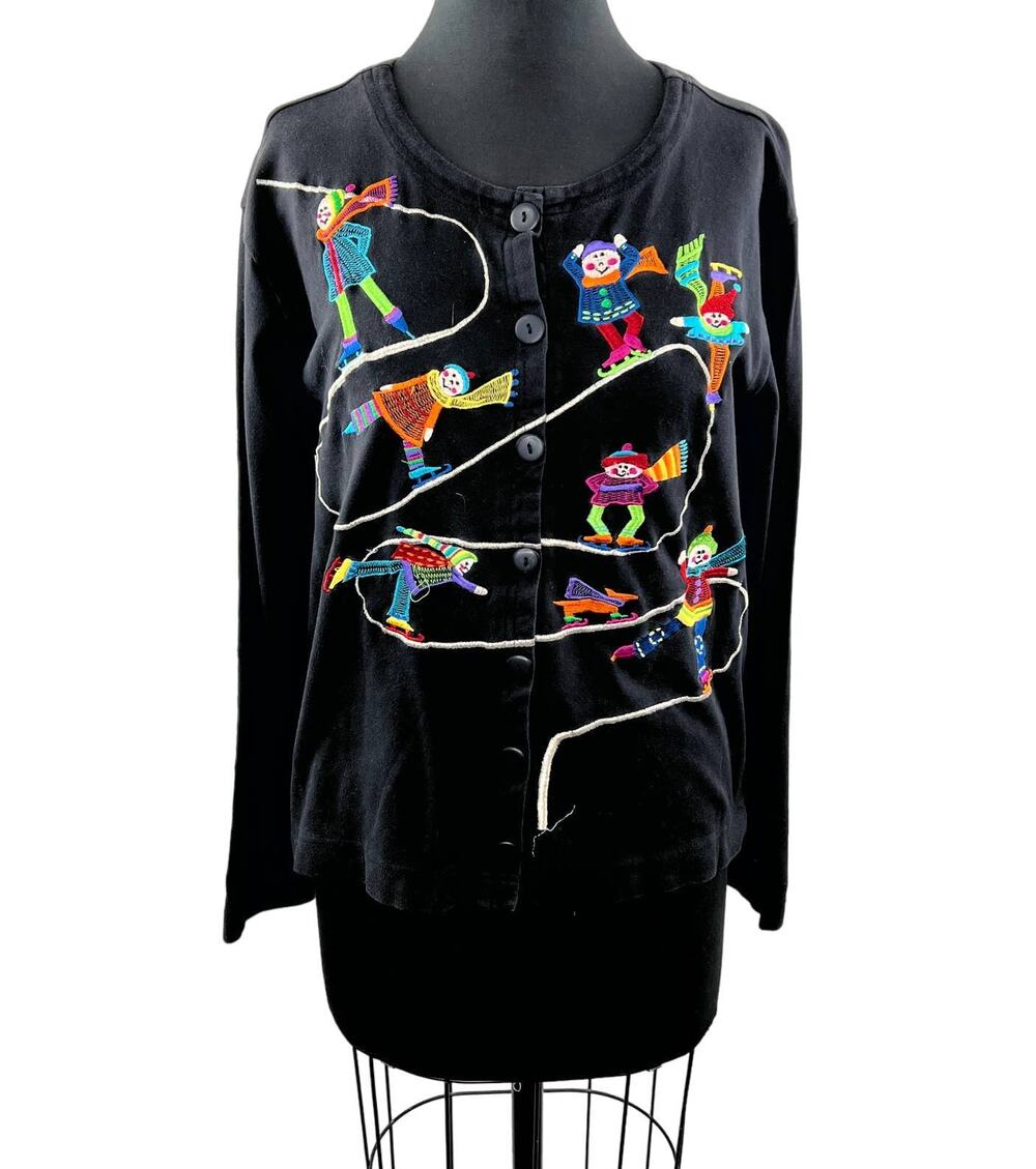VINTAGE Christina Rotelli Black Cotton Embroidered Ice Skating Button Down Top